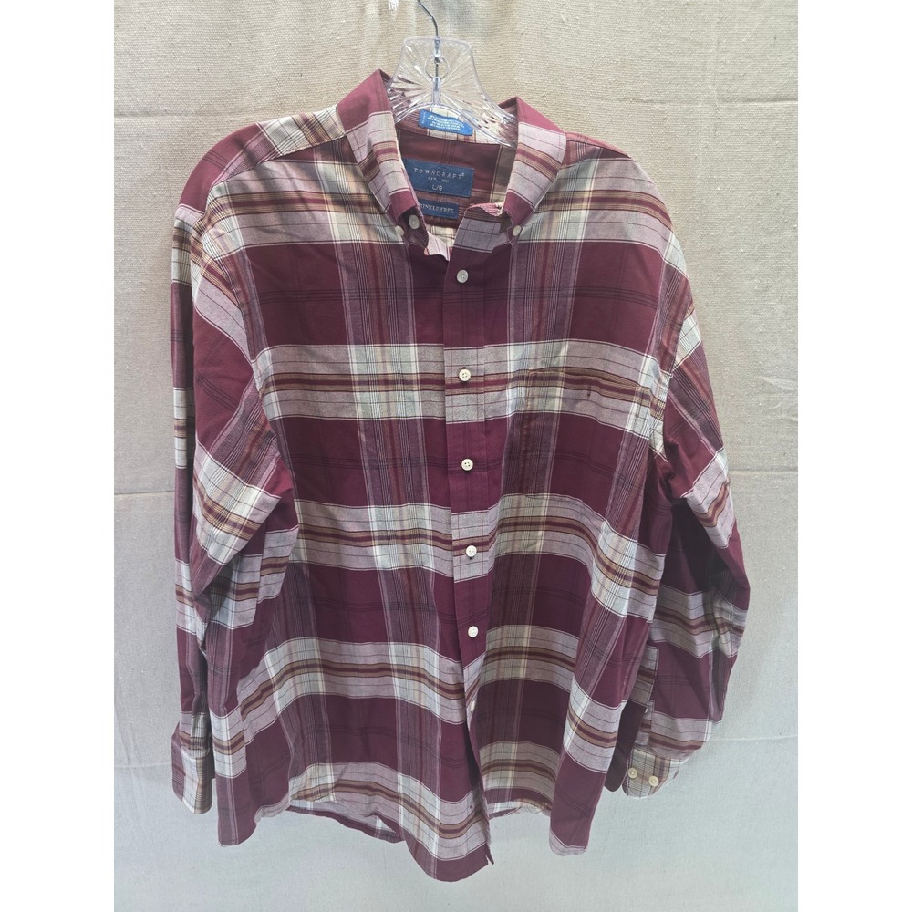 Towncraft Mens Large Burgundy Plaid Long Sleeve Button Down Wrinkle Free Shirt